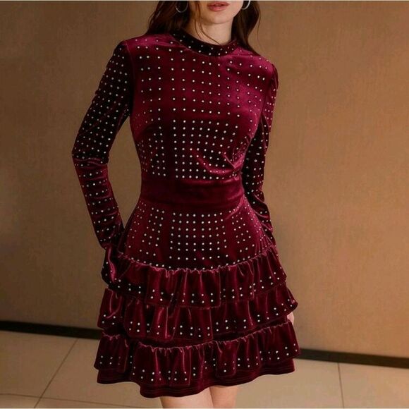 Luxury Rhinestone Beaded Velour Dress with Ruffl Party Dress sz Medium - Picture 2 of 5